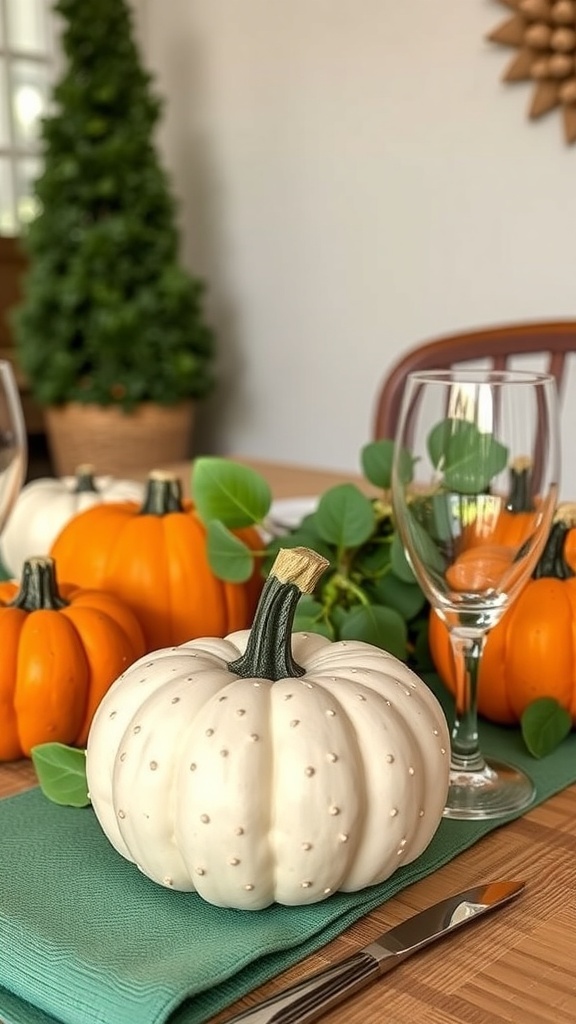 A beautifully set Thanksgiving table with small pumpkins as place settings, featuring personalized names.