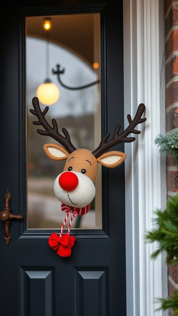 A festive reindeer door decor featuring a cheerful face with a red nose and antlers, hanging on a black door.
