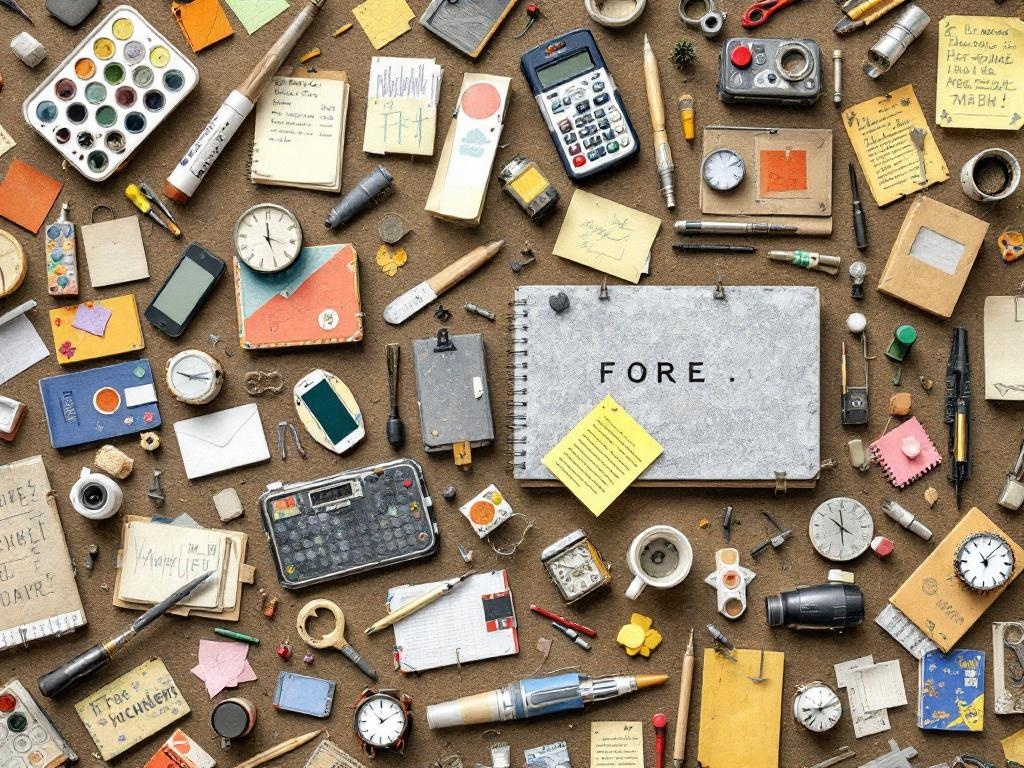 A flat lay of various vintage and everyday items including notebooks, clocks, pens, and gadgets, showcasing creative repurposing potential.