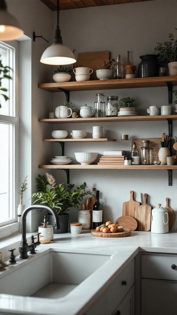 A cozy kitchen with wooden shelves displaying dishes, plants, and decorative items.