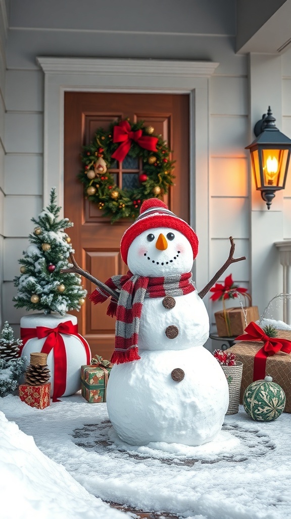 A cheerful snowman wearing a red hat and scarf, surrounded by gifts and a decorated porch.