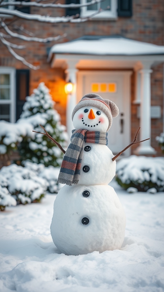 A cheerful snowman wearing a scarf and hat, standing in a snowy yard.