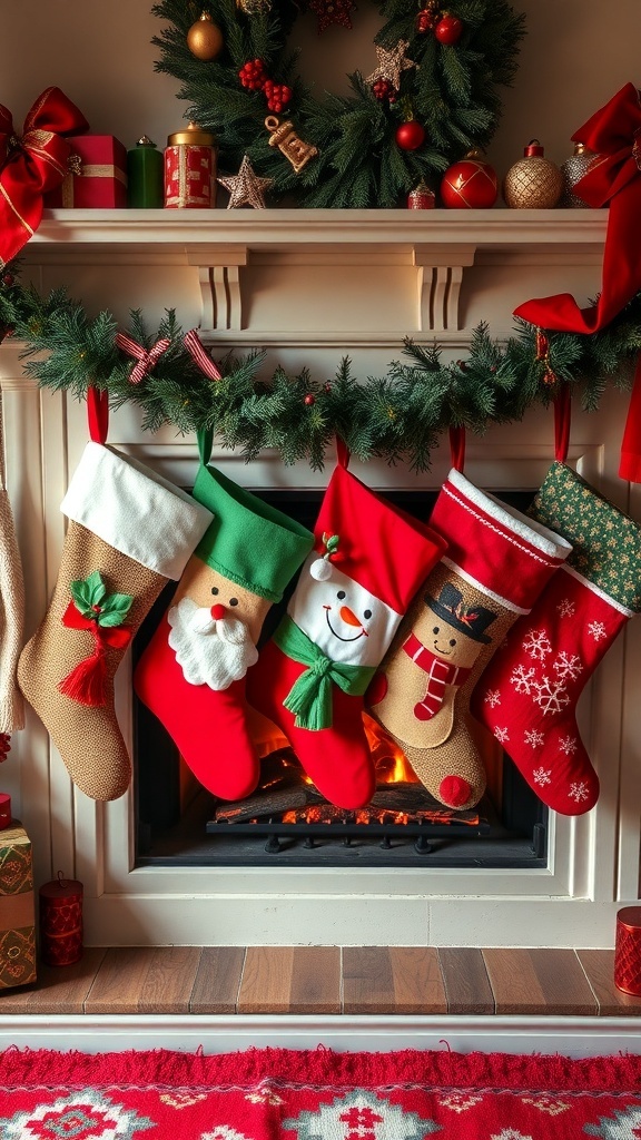 Colorful Christmas stockings hanging on a mantel with festive decorations.