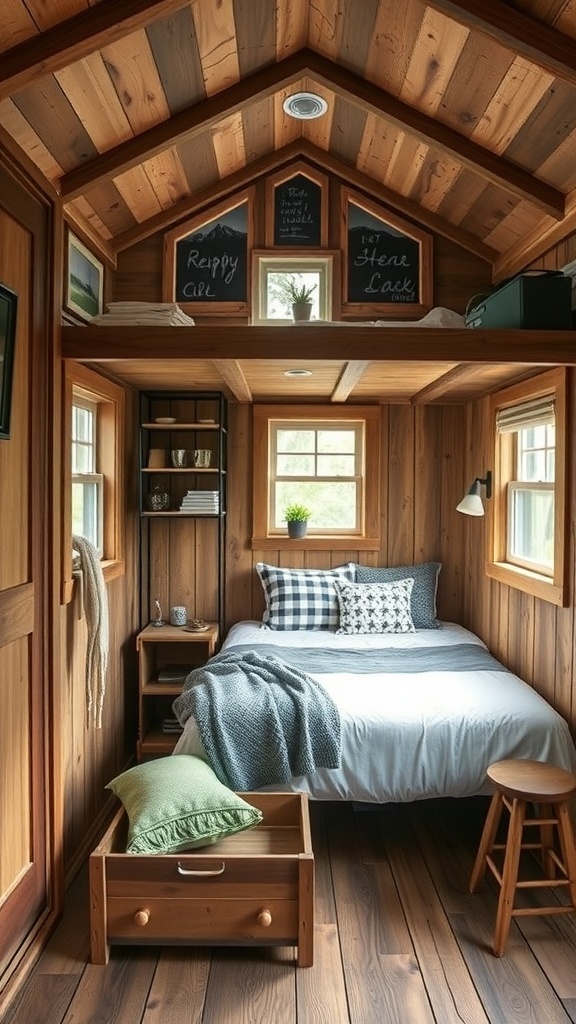 Cozy rustic tiny house interior with creative storage solutions.