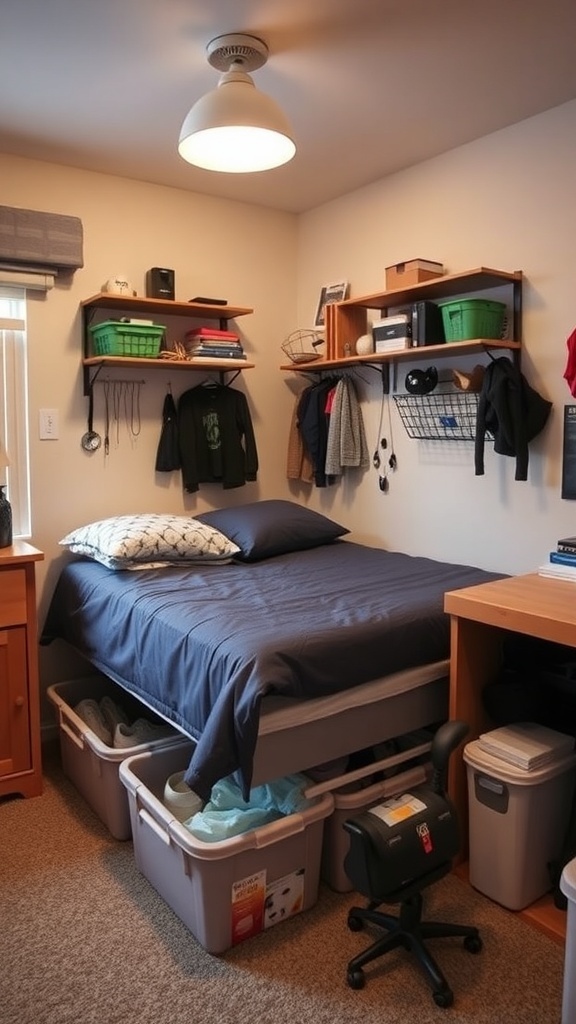 Cozy dorm room with elevated bed, storage boxes underneath, and organized shelves.
