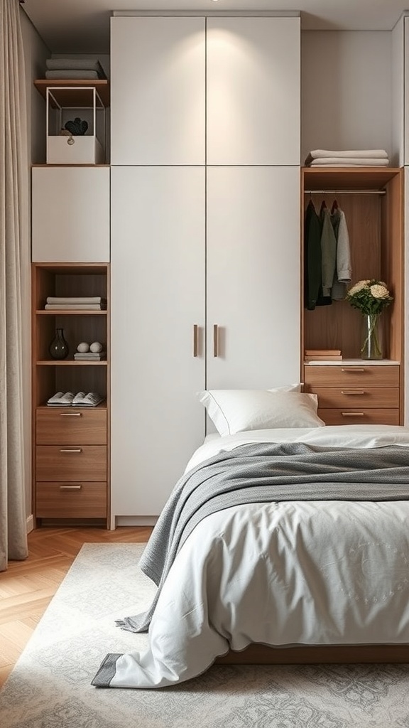 A modern bedroom with creative storage solutions, featuring a combination of cabinets and shelves.