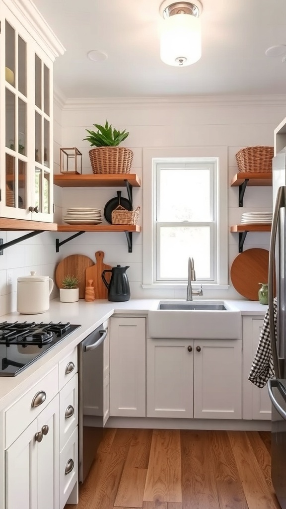 A modern farmhouse kitchen featuring open shelves with plants and baskets, a farmhouse sink, and wooden flooring.
