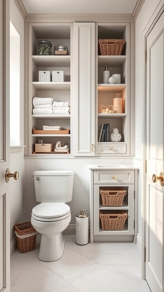 A stylish bathroom with organized storage solutions, featuring shelves and baskets.
