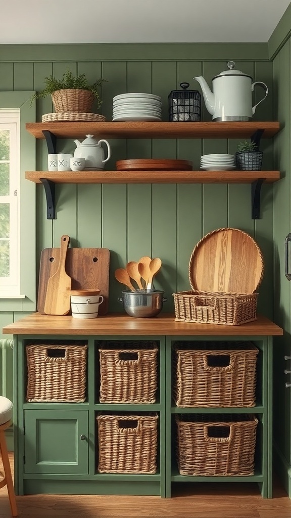 A rustic green kitchen with open shelves displaying dishware and woven baskets for storage.