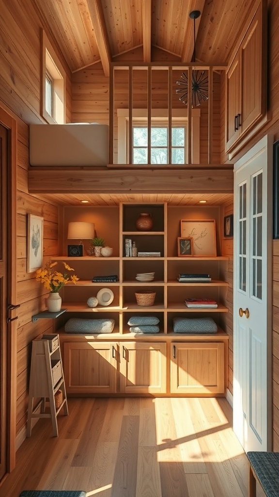 Interior of a tiny cabin showcasing creative storage solutions under stairs.
