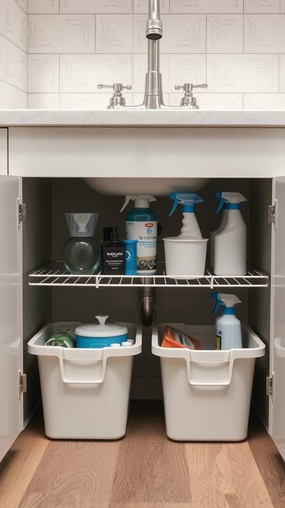 Organized under-sink storage with bins and a wire shelf