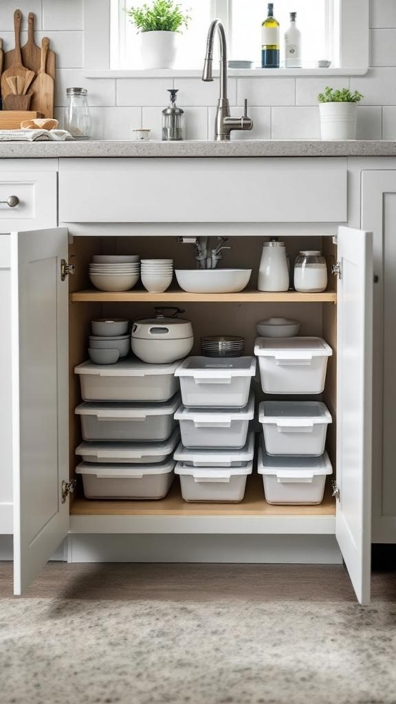 Organized kitchen cabinet under the sink with clear storage bins and kitchen essentials.