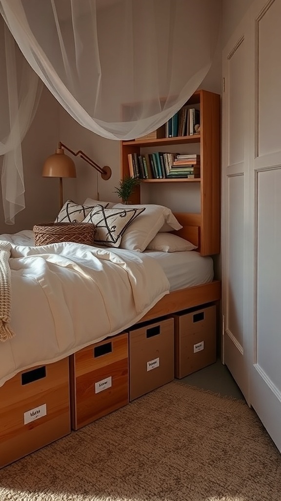 A cozy bedroom featuring a bed with wooden storage boxes underneath.