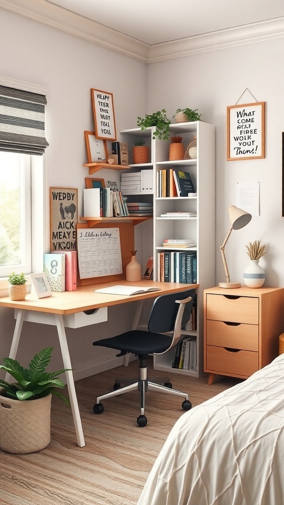 A bright and cozy study nook in a teen girl's bedroom featuring a desk, shelving, motivational quotes, and a plant.
