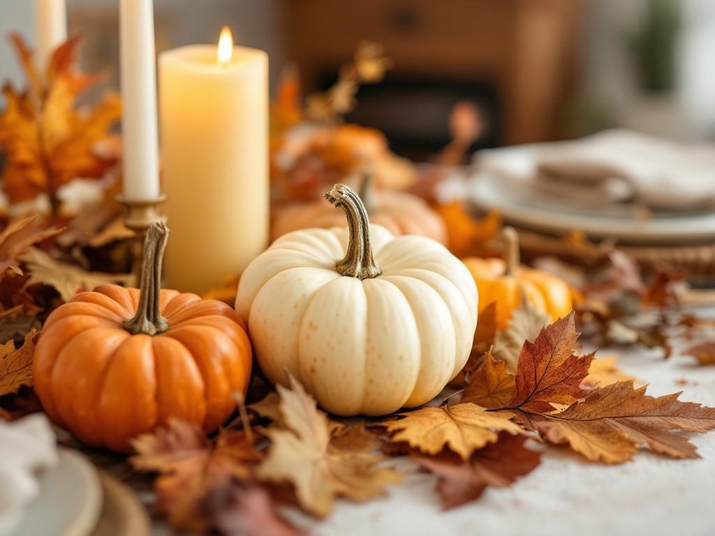 Thanksgiving table centerpiece with pumpkins, leaves, and a candle
