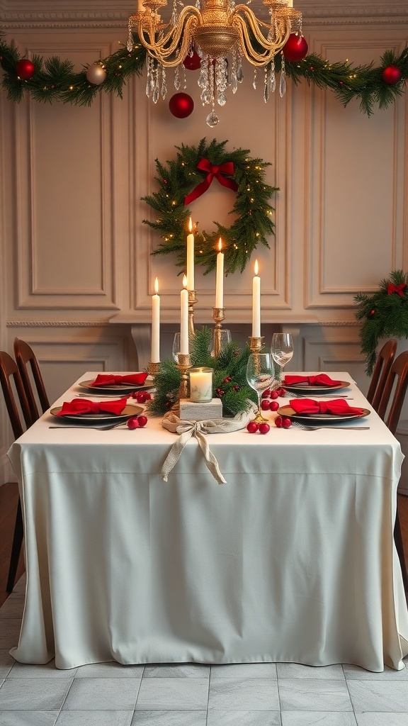 A beautifully decorated dining table for Christmas with candles, greenery, and red accents.