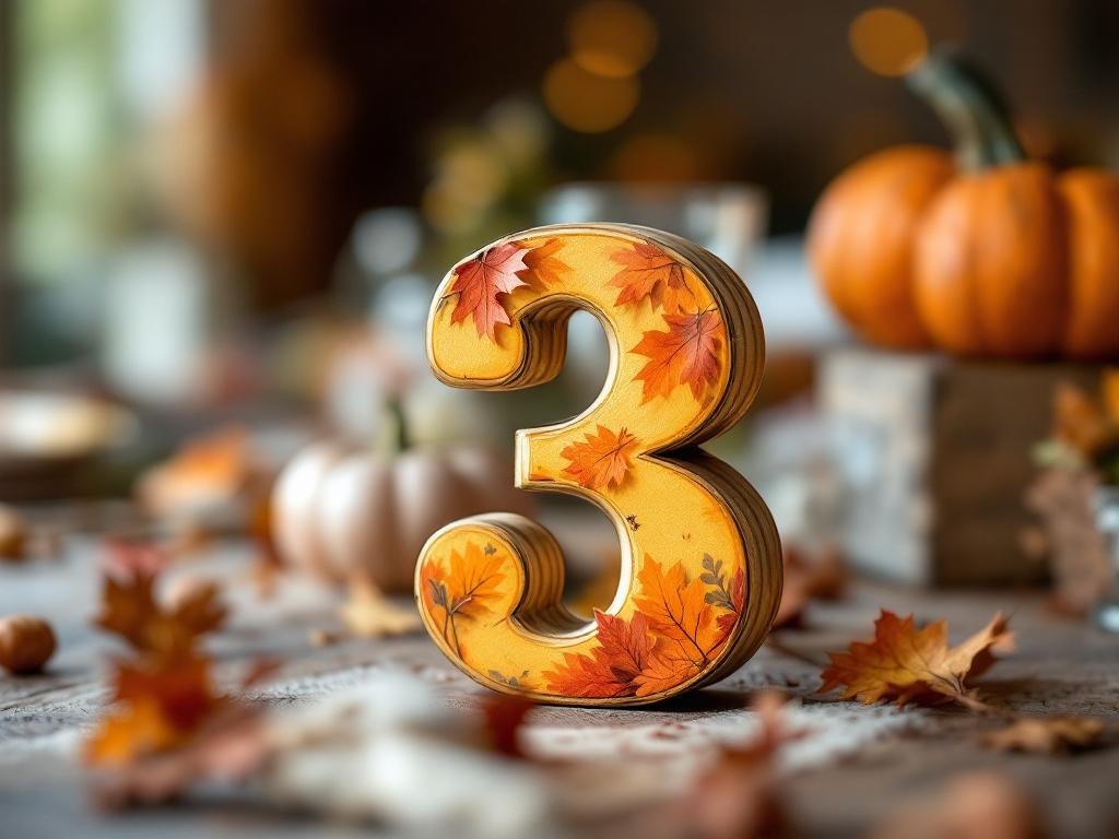 A decorative table number '3' with autumn leaves, surrounded by pumpkins and fall decor.
