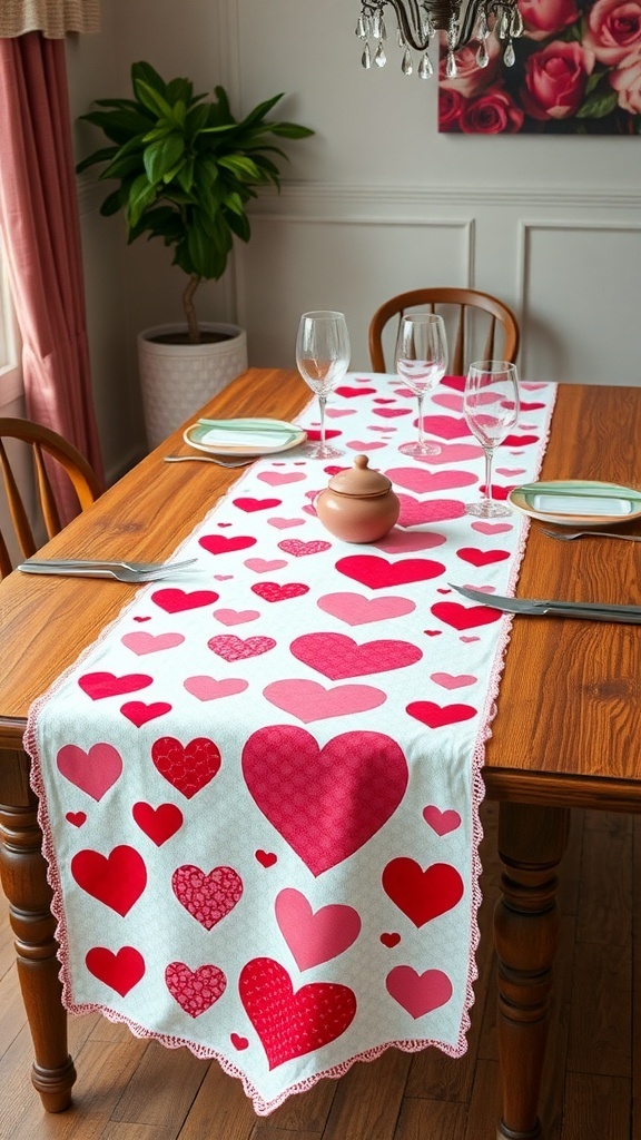 Table runner with hearts for Valentine's Day dining decor.