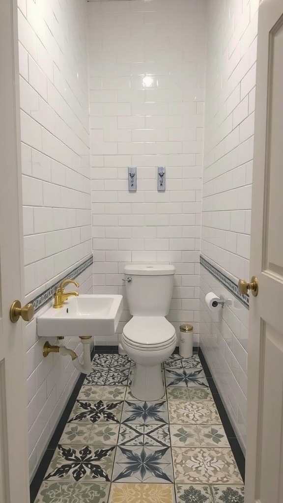 Small bathroom with patterned floor tiles and white subway wall tiles.
