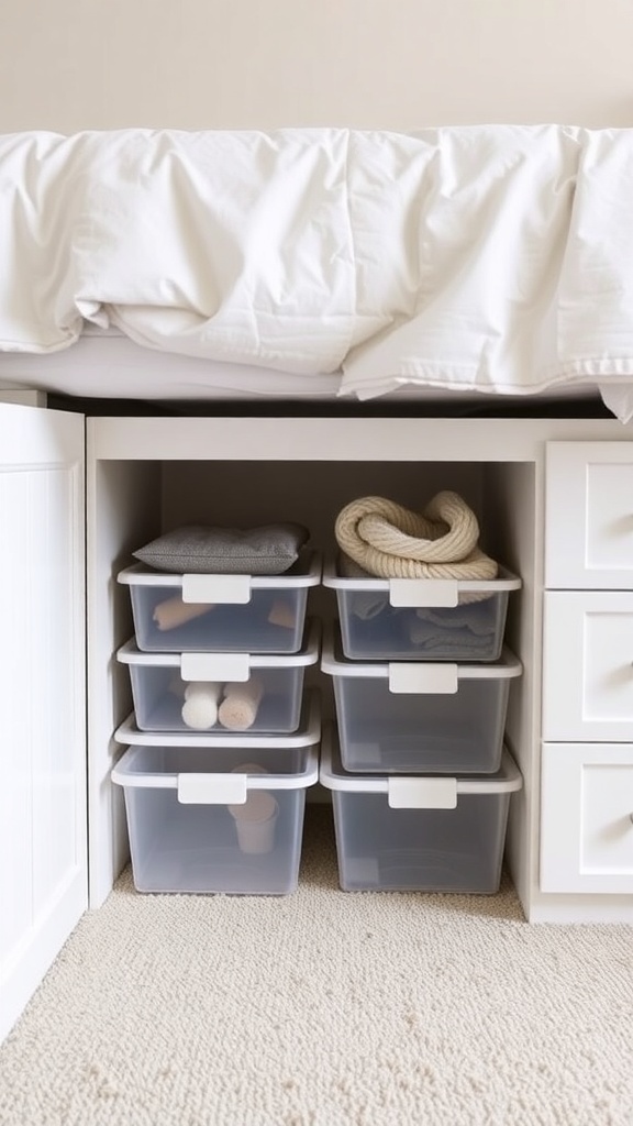 Under-bed storage with clear bins and cozy items.