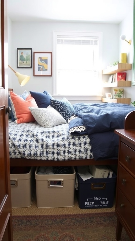 A small bedroom with a bed elevated to create under-bed storage, featuring gray bins filled with blankets and pillows.