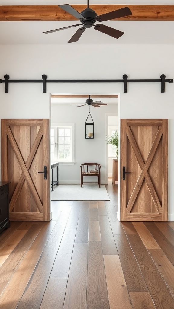 Interior view featuring stylish barn doors in a modern farmhouse setting.