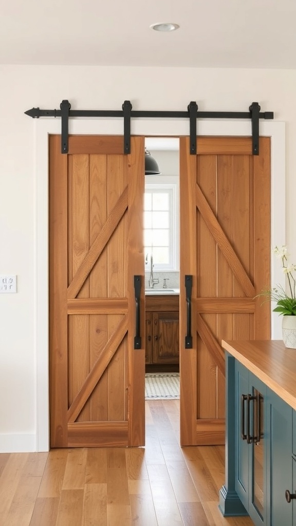 A pair of wooden barn doors with black hardware in a kitchen setting.
