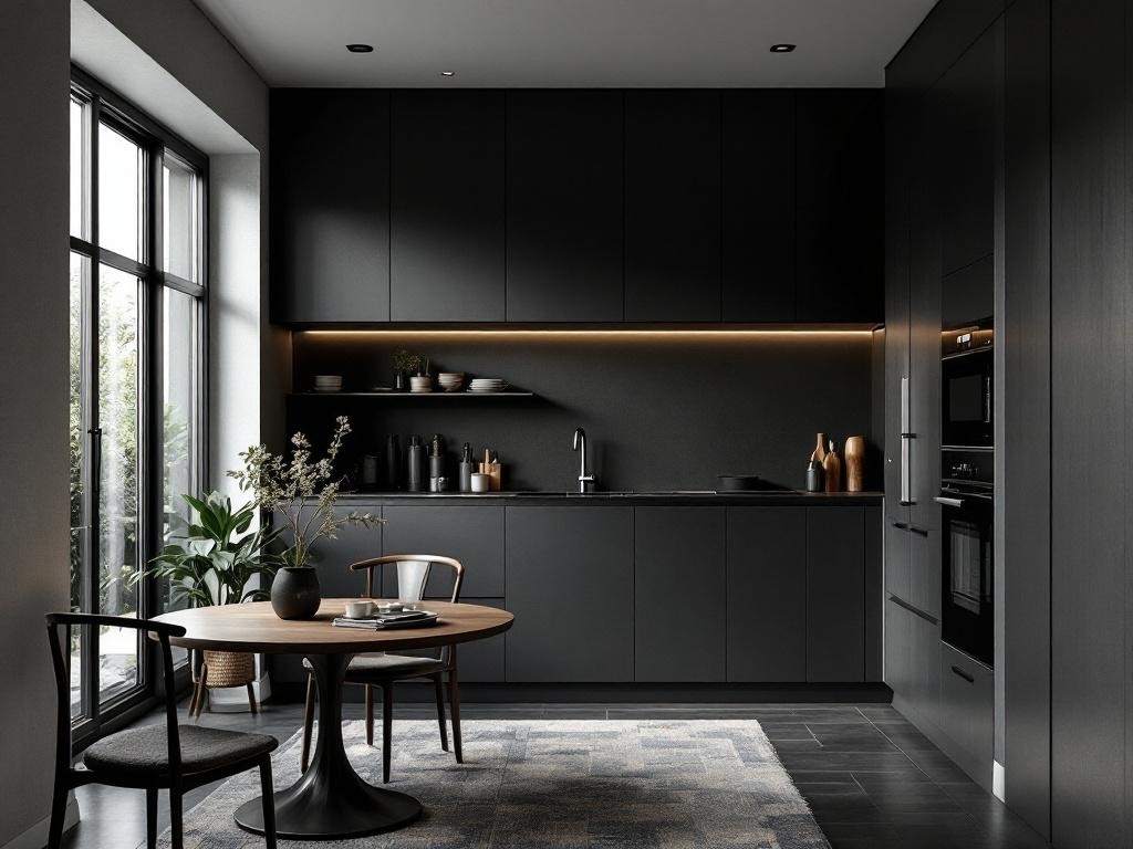 A modern black kitchen with sleek cabinets, warm lighting, and a round dining table.