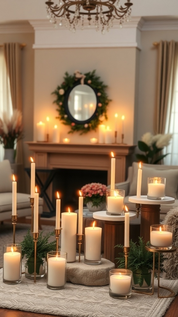 A cozy winter living room decorated with various candles, creating a warm atmosphere.