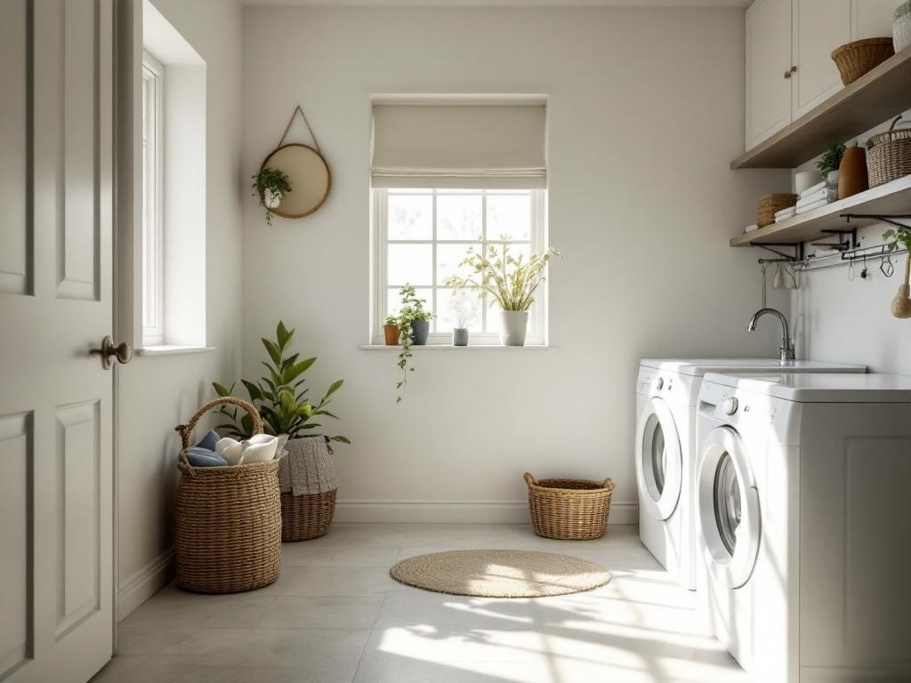 A bright and airy small laundry room with white walls, natural light, and plants.