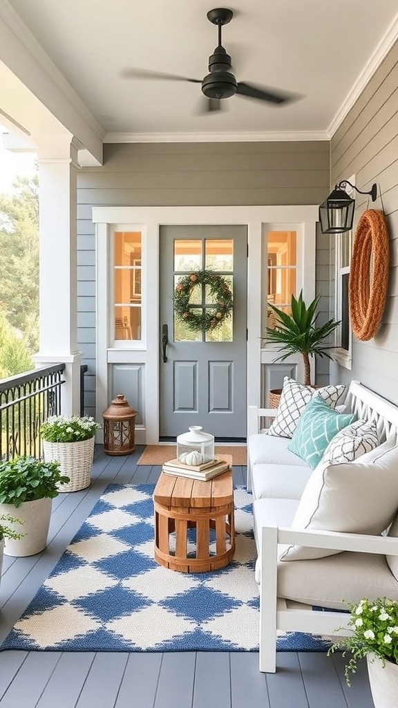 A modern farmhouse porch featuring neutral tones with vibrant accents.