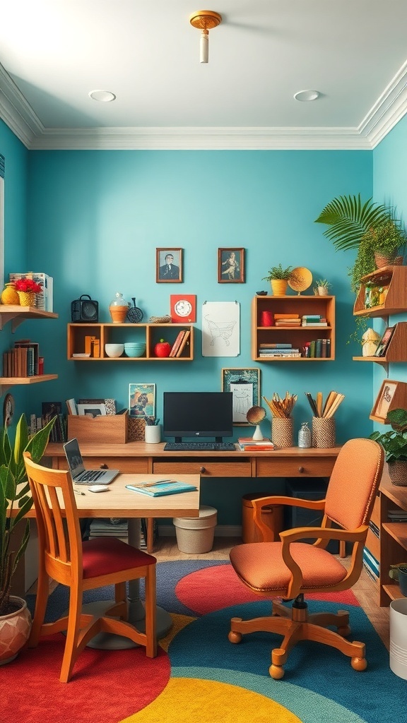 A cozy hobby room with teal walls, wooden furniture, and a colorful rug.