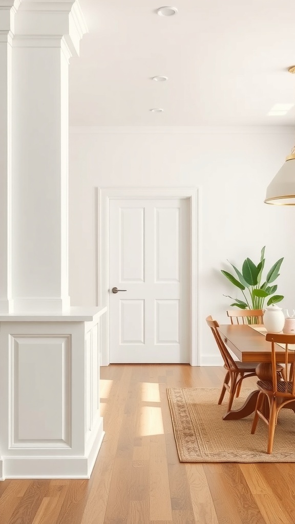 Bright and airy modern farmhouse interior with a dining area and plants.