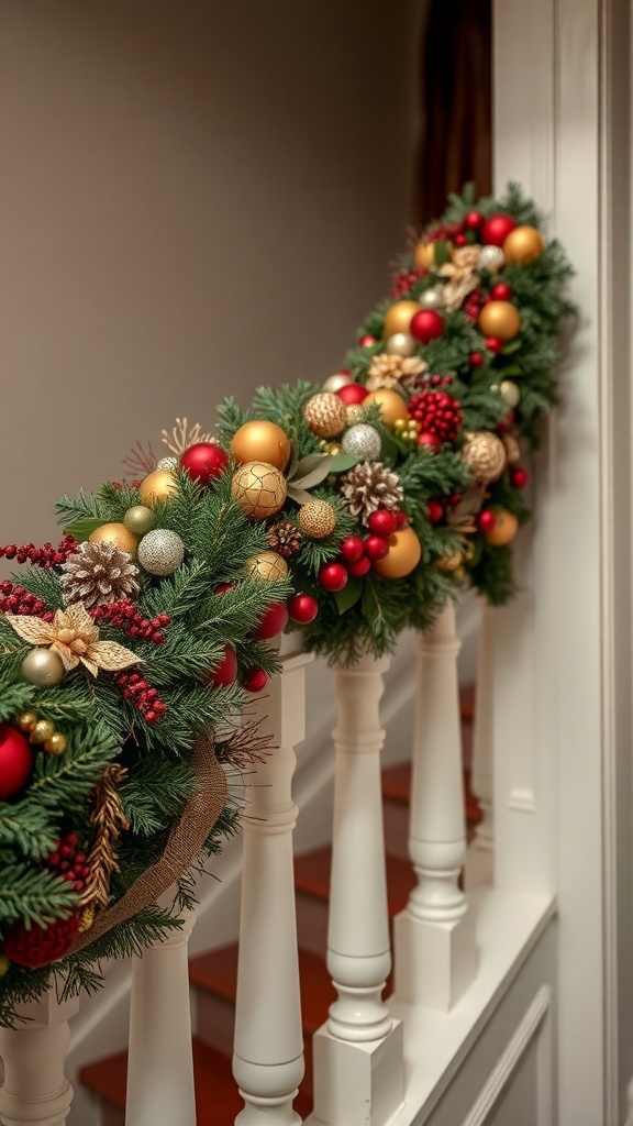 A beautifully decorated Christmas banister with garland, ornaments, and berries.