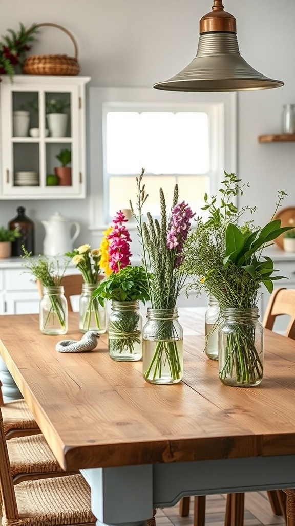 Farmhouse kitchen table decorated with jars and vases filled with flowers and greenery.