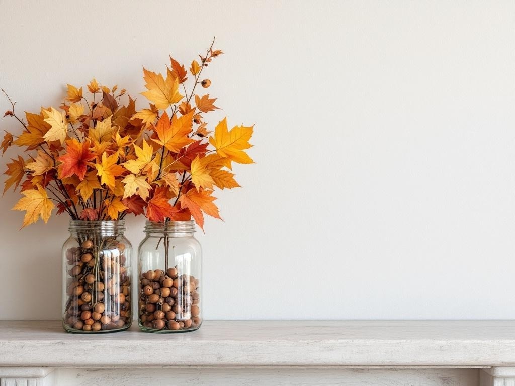Two jars filled with autumn leaves and nuts on a mantel