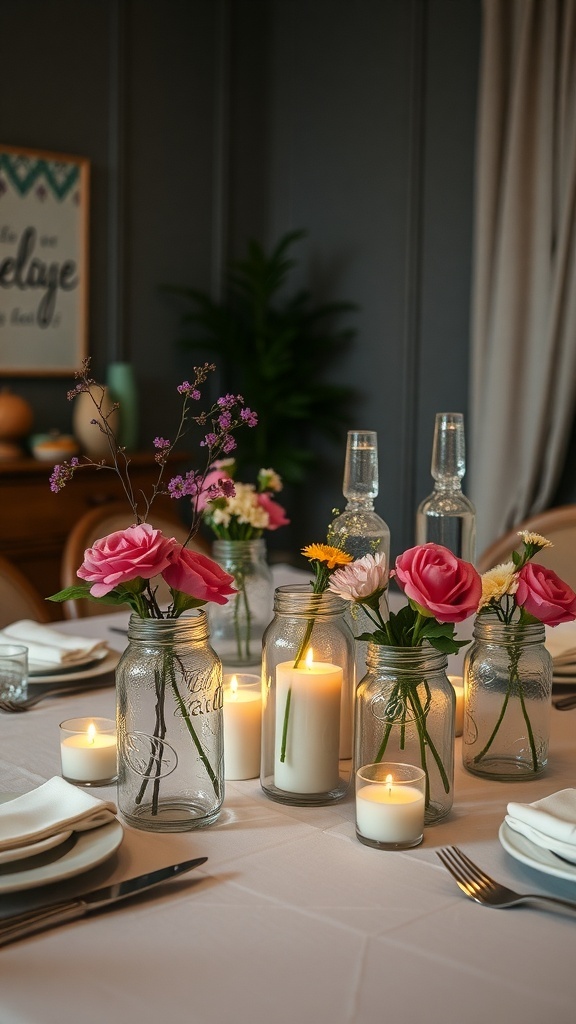 A dining table decorated with mason jars filled with flowers and candles, creating a cozy fall atmosphere.