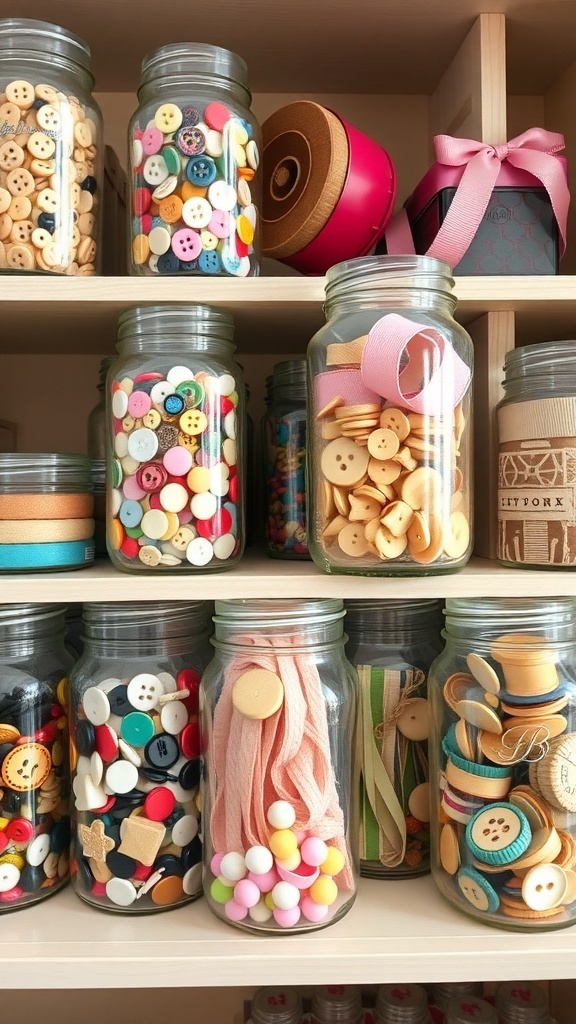 Colorful mason jars filled with buttons and craft supplies on a shelf.
