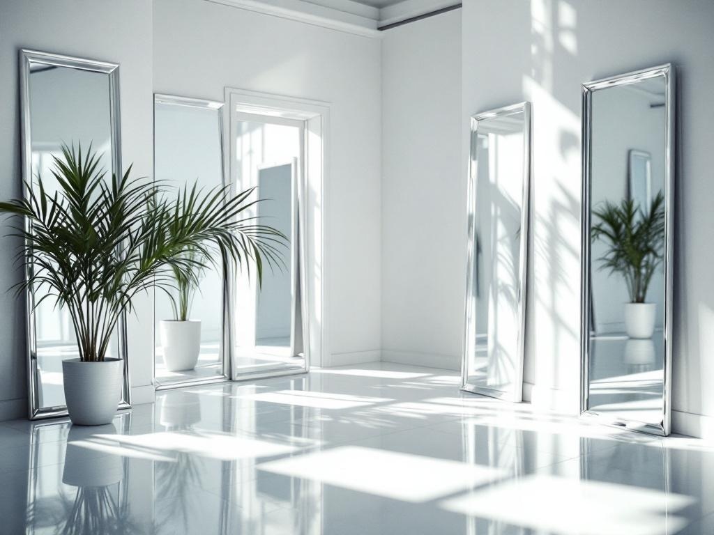 Bright room with multiple mirrors and a palm plant