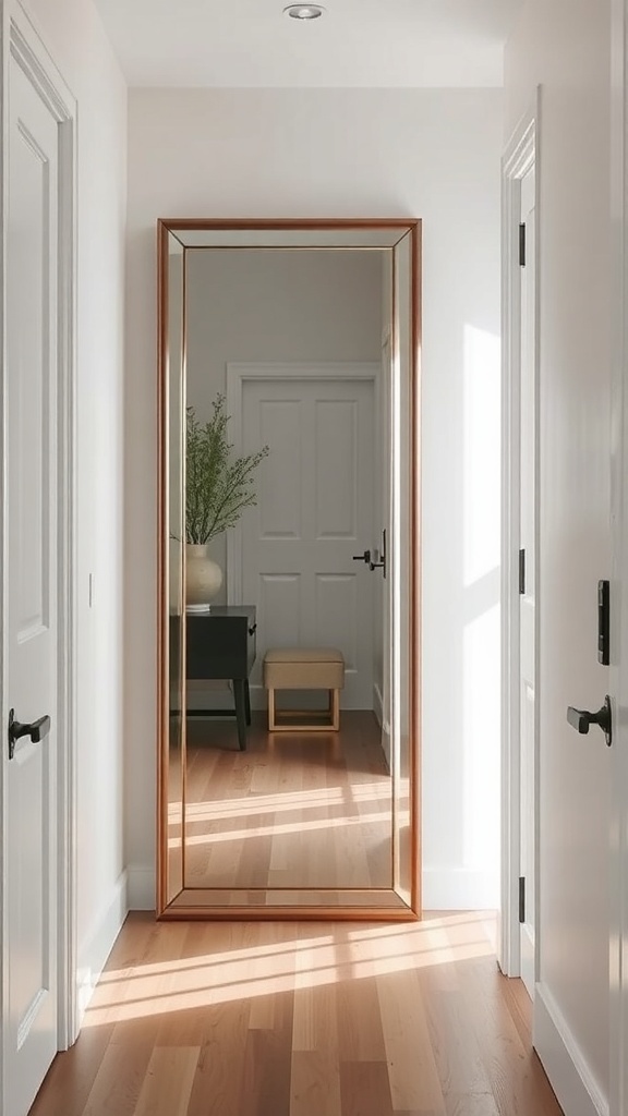 A large mirror in a small entryway reflecting light and enhancing the space.