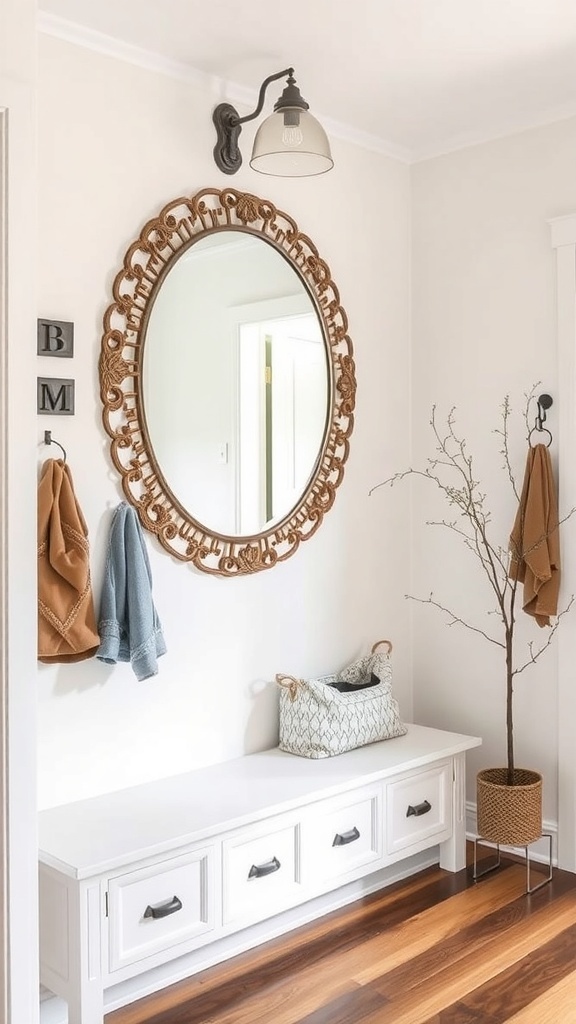 A stylish mudroom featuring a large decorative mirror, hooks for coats, and a bench.