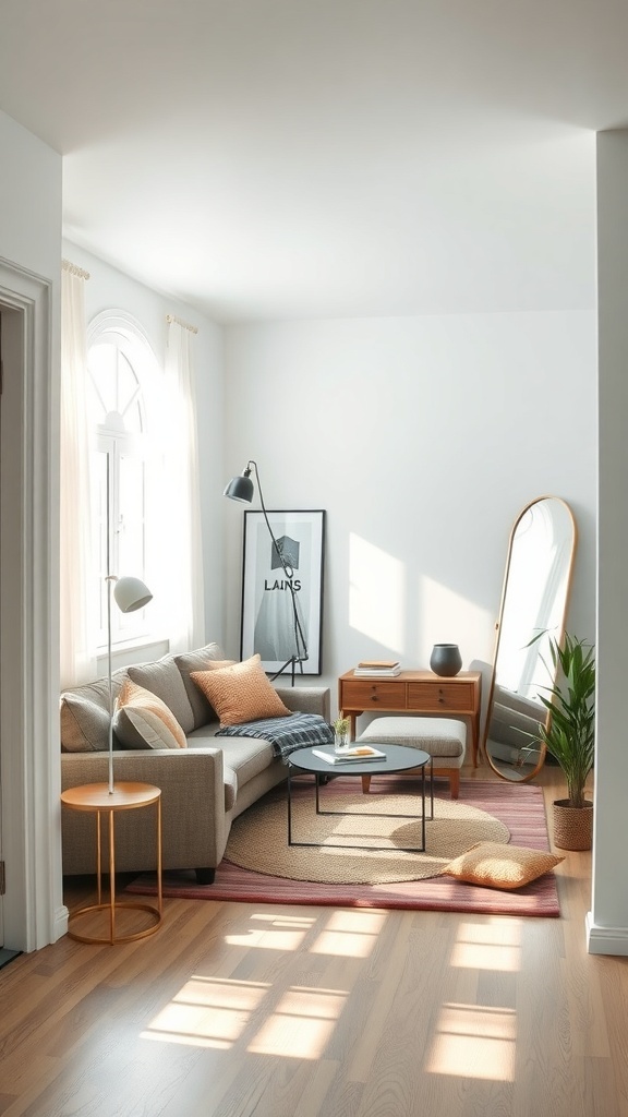 A small living room with a mirror reflecting light, showcasing a cozy and bright atmosphere.