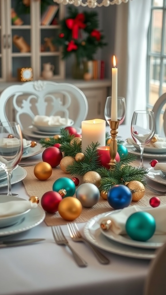 A beautifully decorated dining table for Christmas with colorful ornaments, candles, and greenery.
