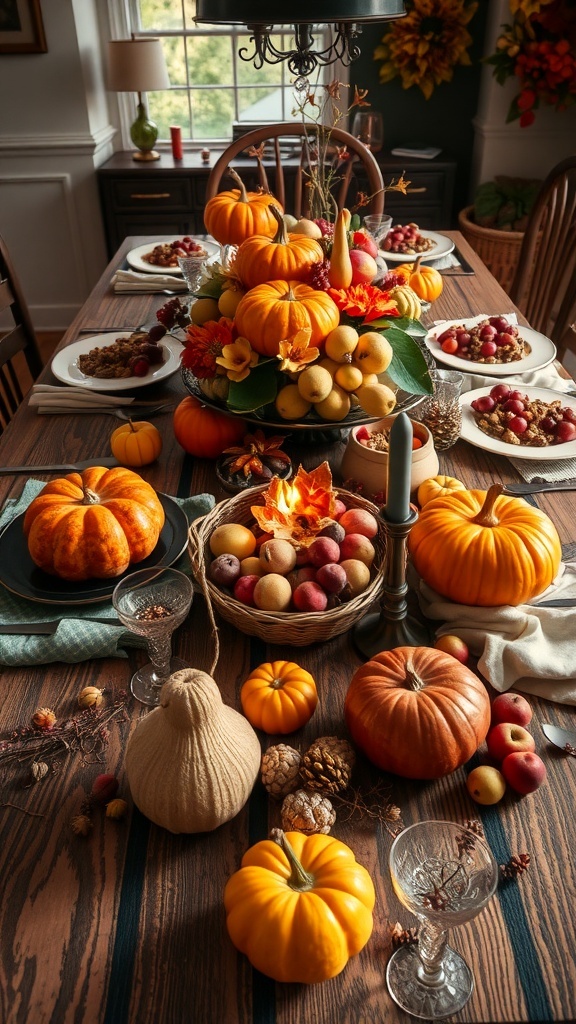 A beautifully arranged Thanksgiving table featuring seasonal fruits, pumpkins, and decorative elements.