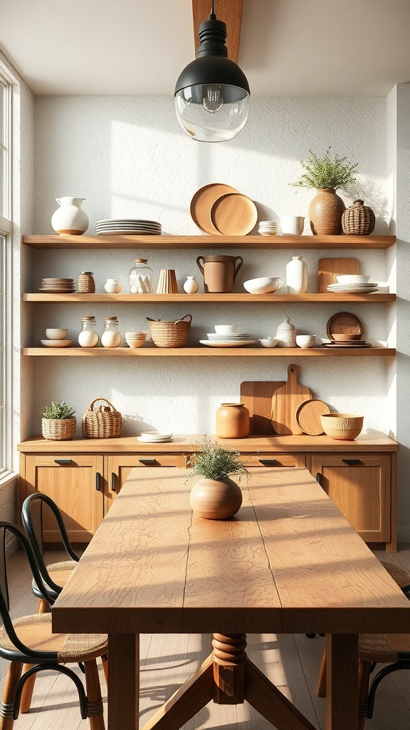 Modern farmhouse dining room with open shelving and wooden table.