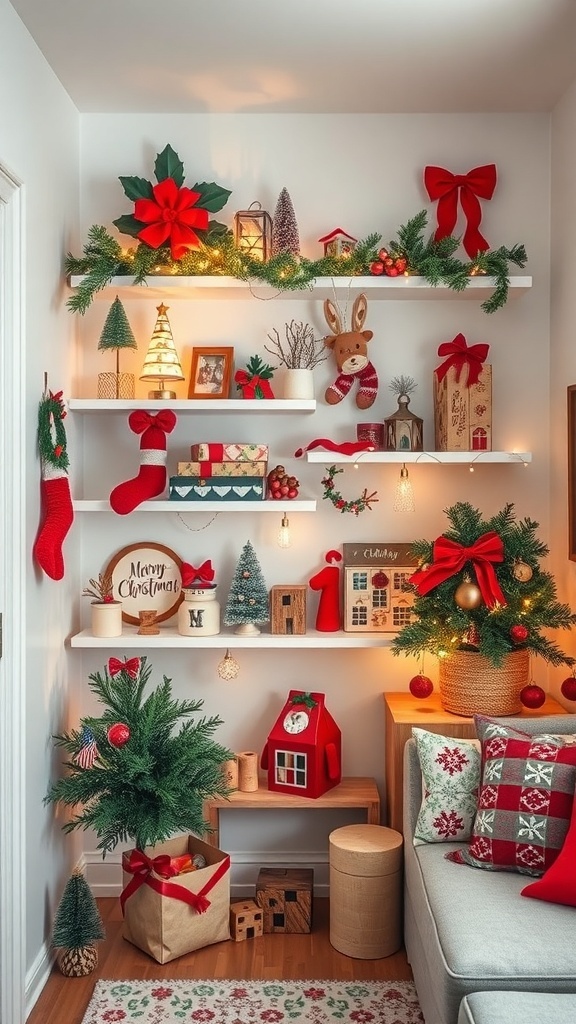 A cozy small apartment decorated for Christmas with shelves displaying festive items.