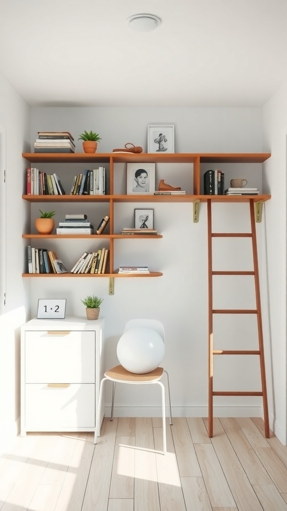 A cozy corner with open shelving, a ladder, and a minimalist chair in a modern rustic home.