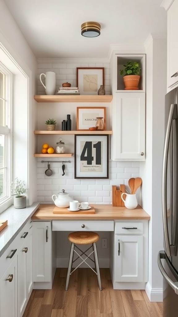 A cozy kitchen nook with open shelves, a small desk, and natural light.