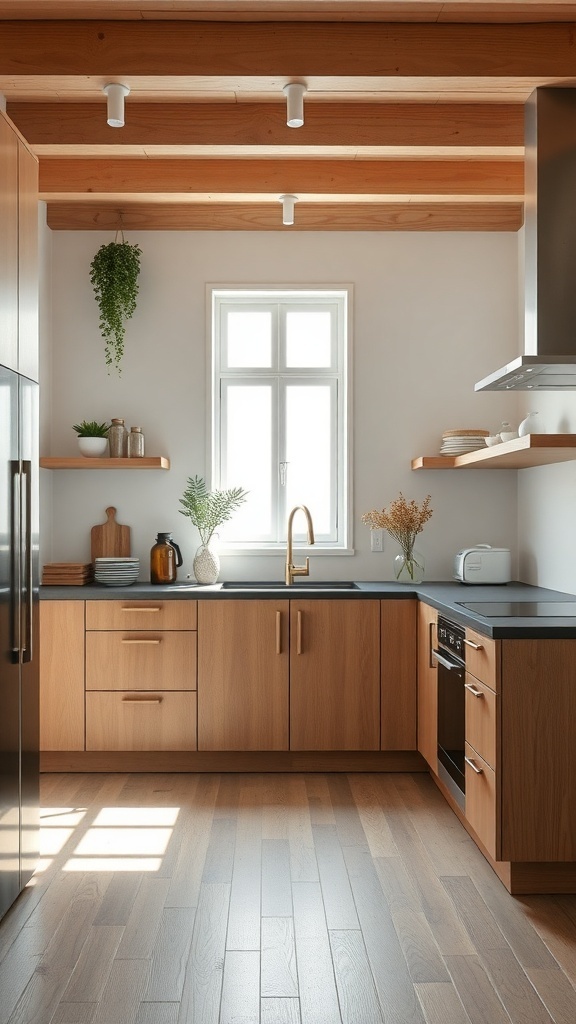 A minimalist kitchen featuring wooden cabinets, open shelves, and a bright window.