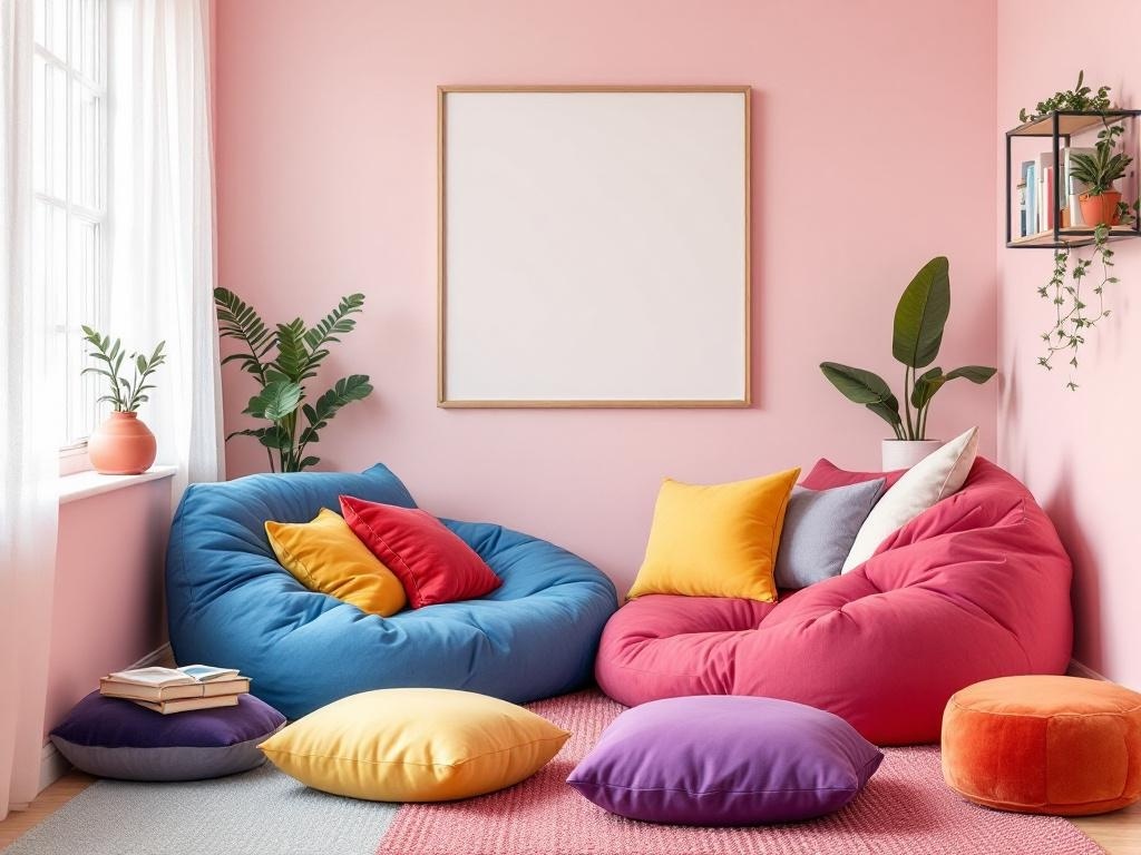 A cozy reading nook featuring colorful bean bags, pillows, and plants in a bright room.